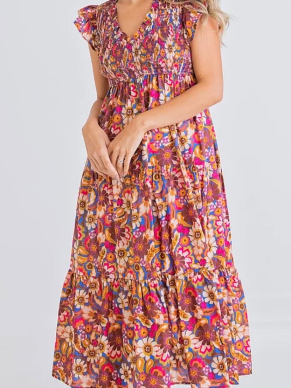 Karlie Multi Floral Smock Maxi Dress- Beautiful Fall Colors
